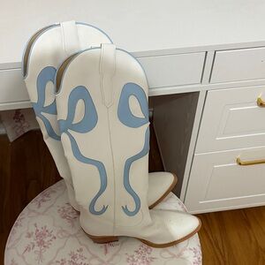 White Leather Cowboy Boots with Light Blue Overlay
